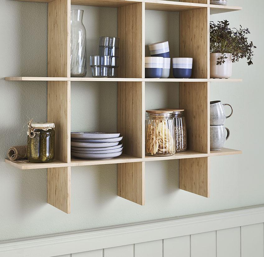 Clean, minimalistic wooden wall shelf made from bamboo