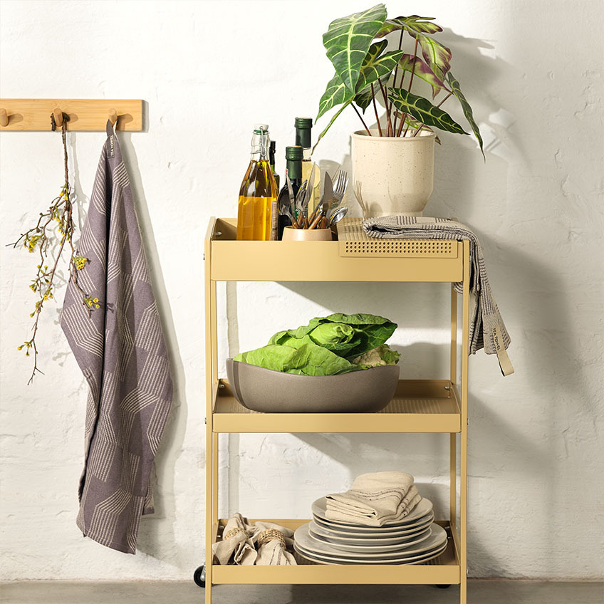 Tableware on trolley in kitchen with dinner plates, large bowl, cutlery set, and artificial plant