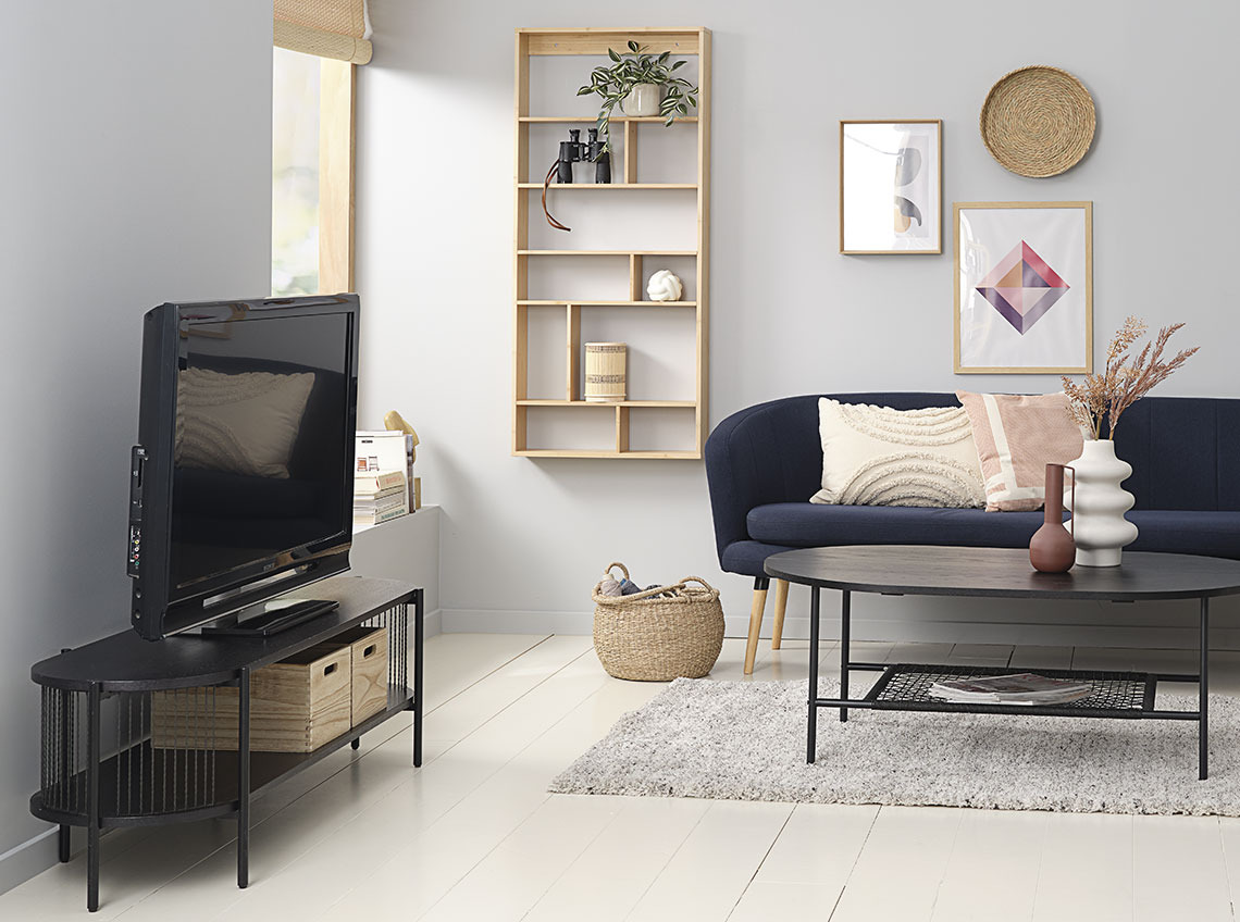 Living room with black TV bench 