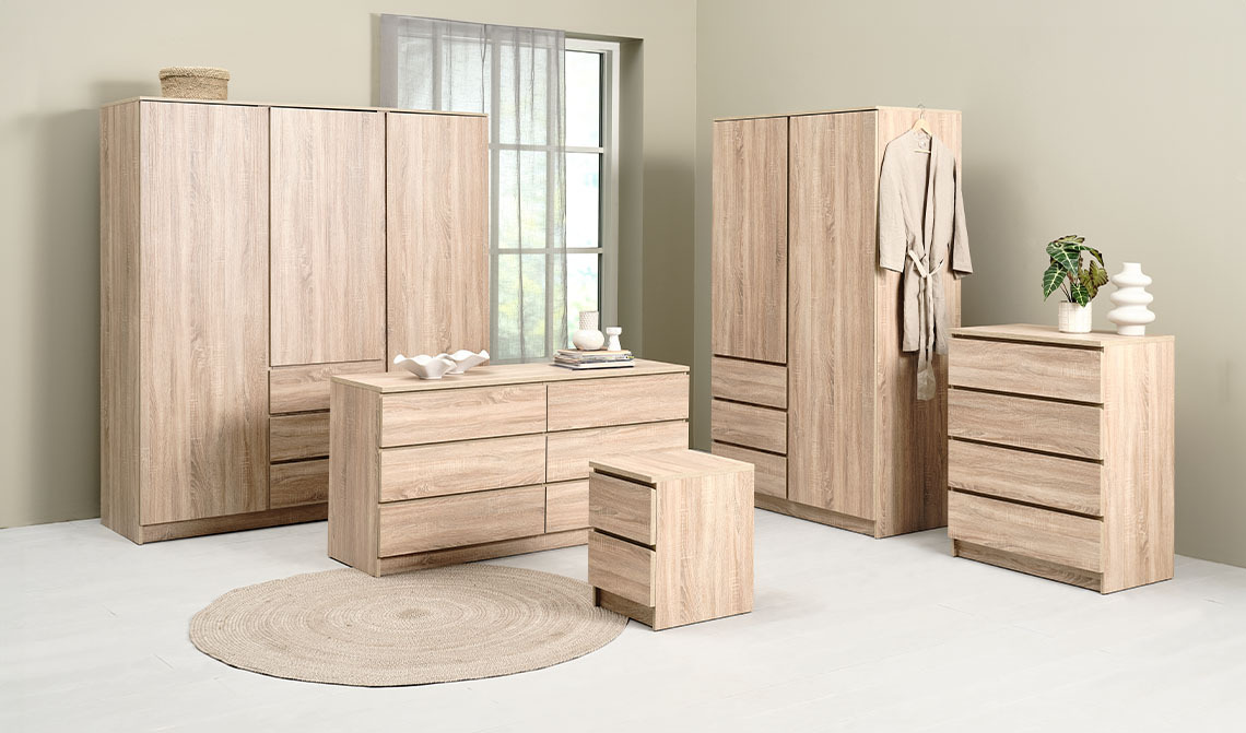 Wardrobe and storage furniture collection including 2-door wardrobe, 3-door wardrobe, chest of drawers, and bedside table