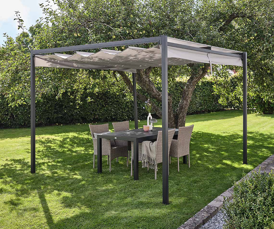 Garden pergola with roof canopy