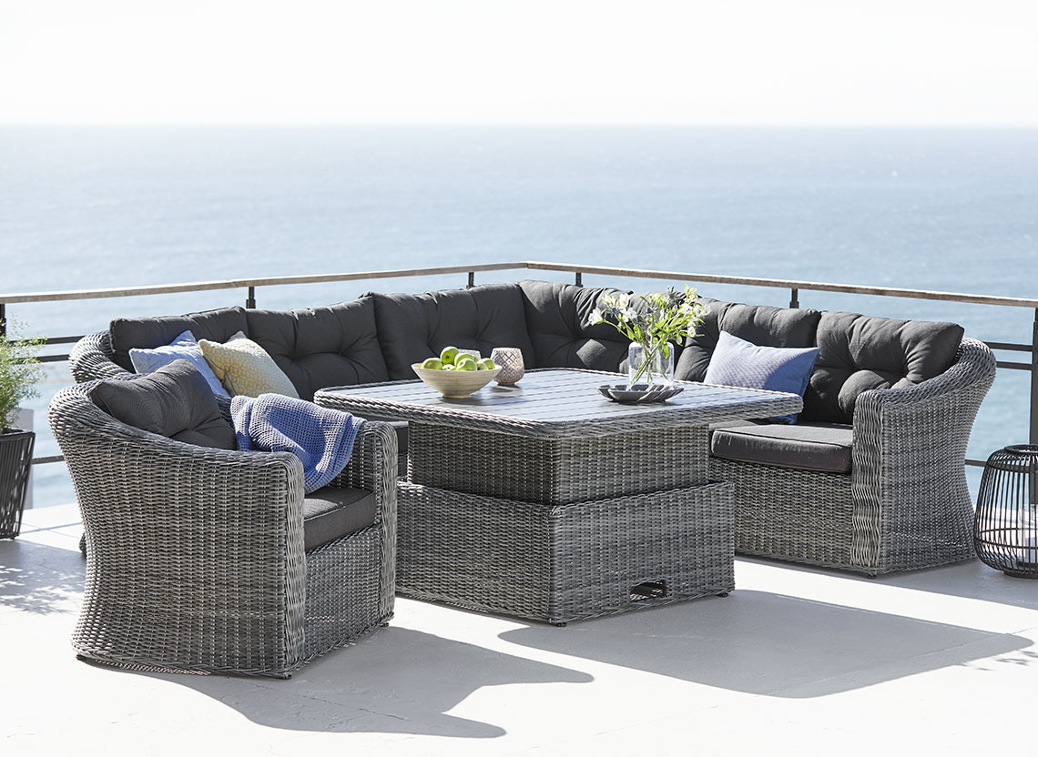 Grey garden lounge set with corner sofa, chair and adjustable table