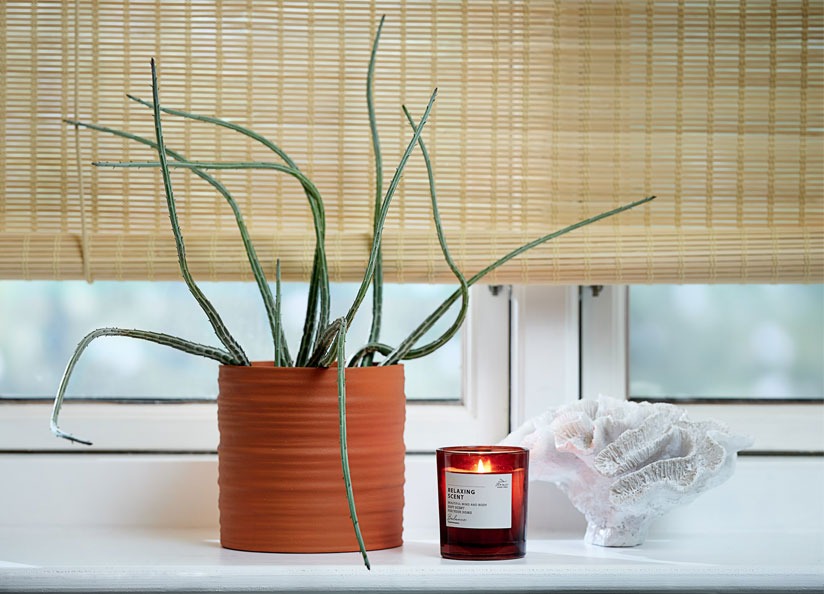 a small candle in coloured glass jar with a terracotta vase and coral ornament 