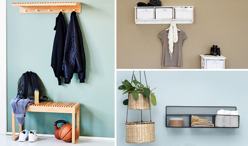 Hallway storage shelves and coat hooks